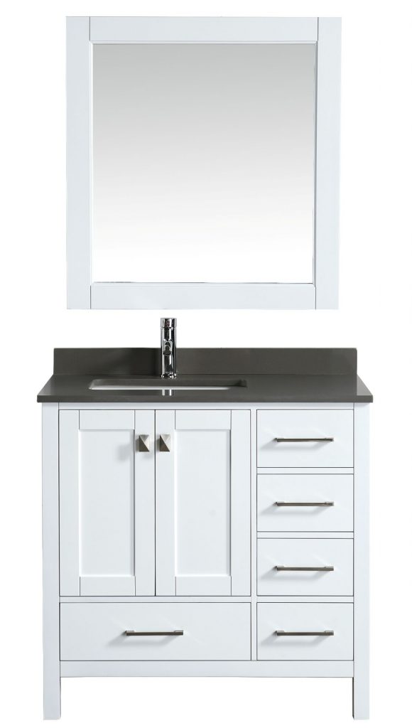36 inch Transitional Single Sink Bathroom Vanity Set White Finish with Quartz Gray Top