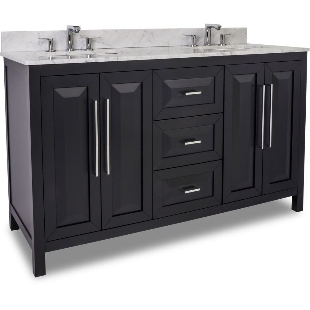 60 inch Black Finish Double Sink Bathroom Vanity Carrera Marble Countertop