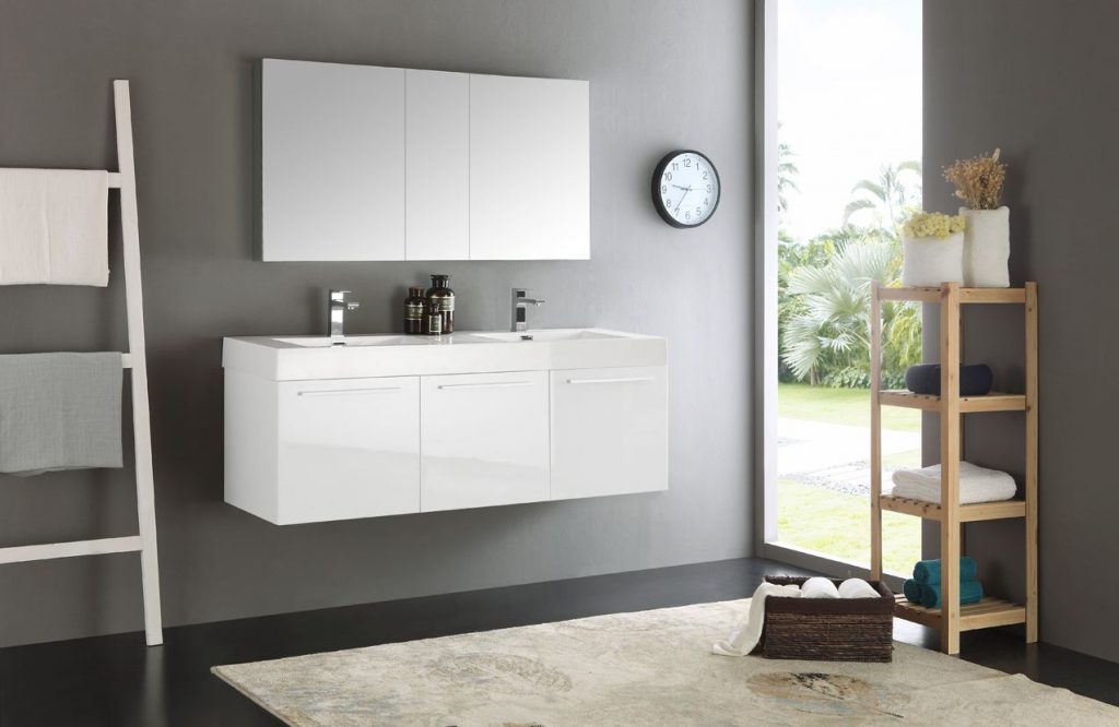60 inch White Wall Mounted Double Sink Modern Bathroom Vanity